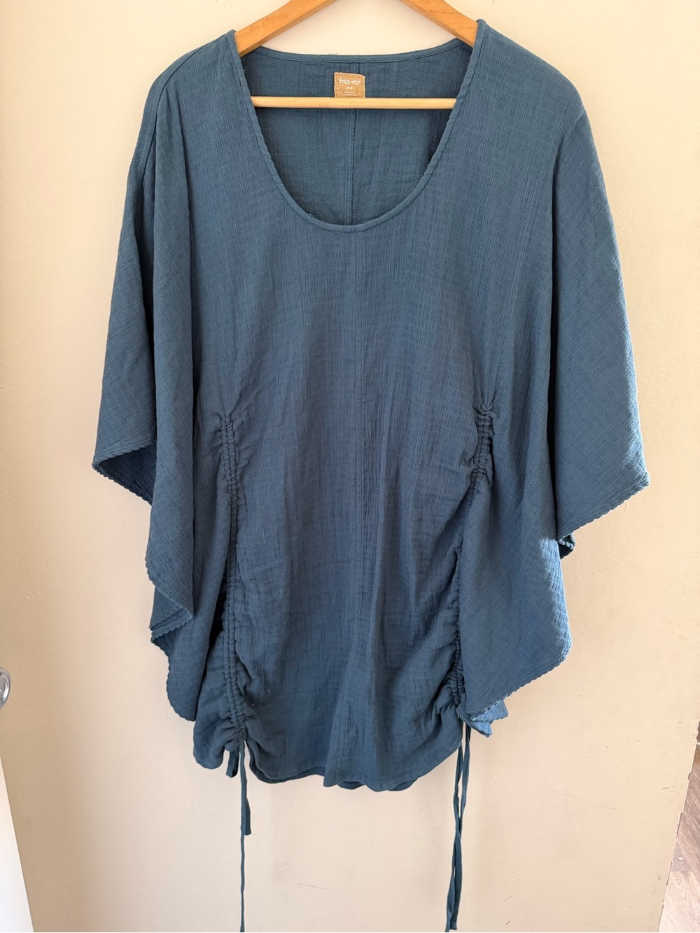 Free People free-est Cotton Gauze Ruched Tunic Mini Dress Top Teal Blue M Beach